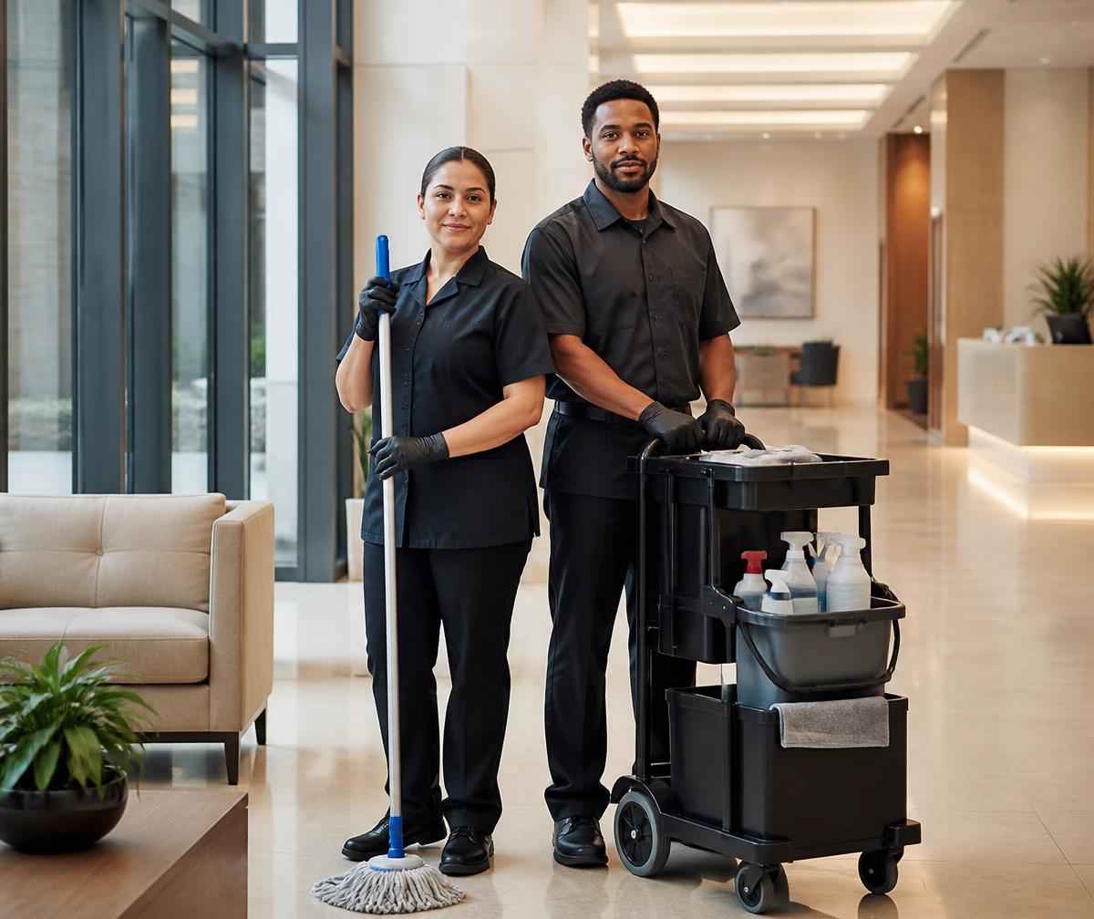 Professional commercial cleaner working in a modern office