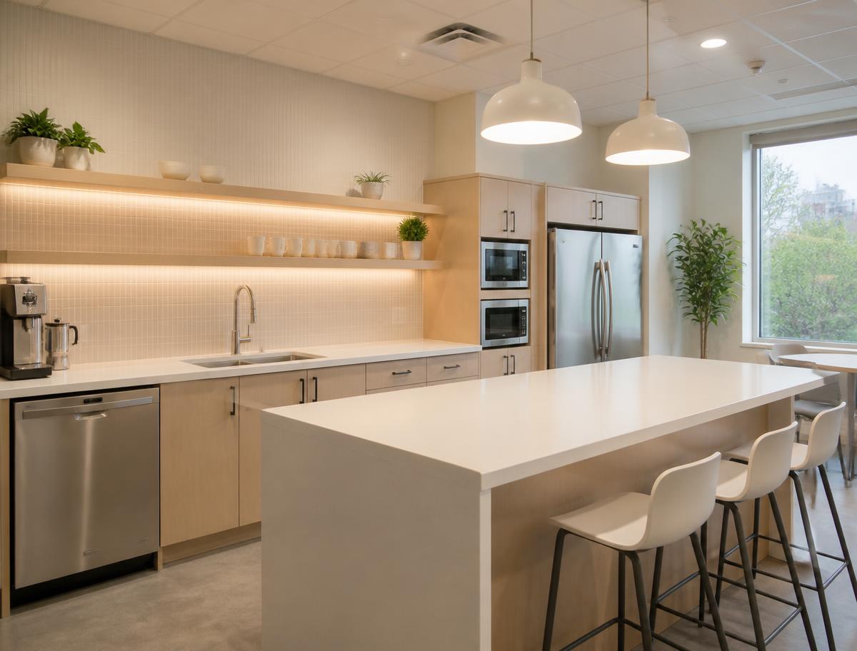 Commercial breakroom with clean countertops and tables