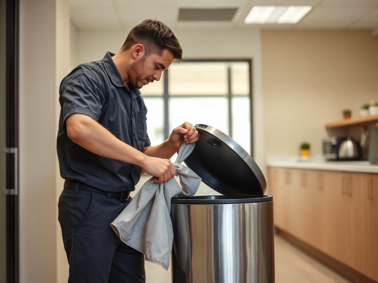 Commercial waste bins being emptied in a modern office